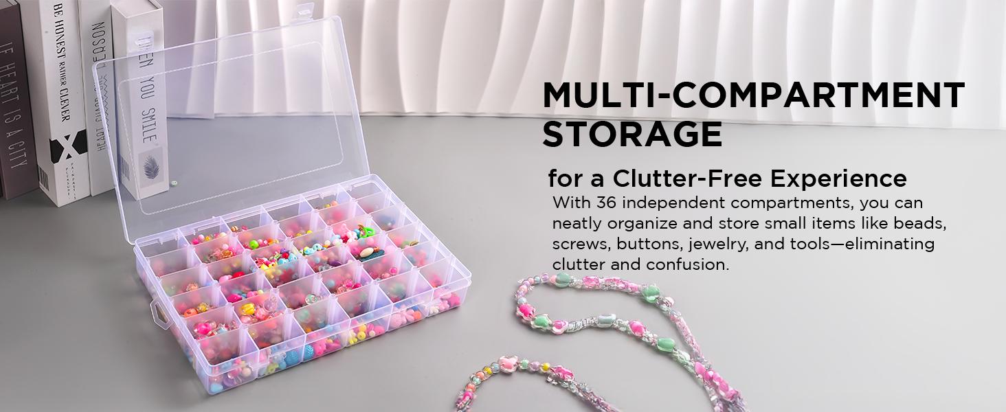 4pack 36 Grids Plastic Clear Organizer Box Bead Storage Containers with Adjustable Dividers for Craft Jewelry Fishing Tackles Parts Storage with 4 Sheets Label Stickers