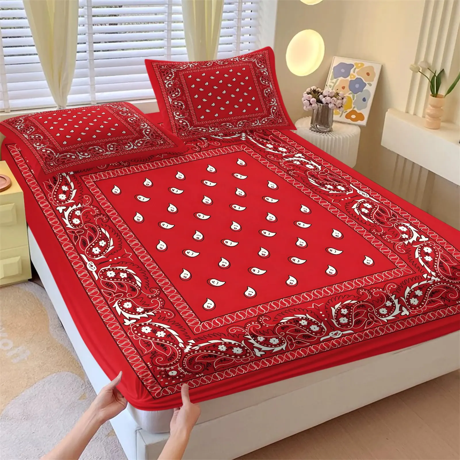 Bright Red Classic Bandana Paisley Border Fitted Sheet Set (1 Fitted Sheet + 2 Pillowcases), Traditional Western Bandana Design, Skin-Friendly Breathable Fabric, Snug Deep Pocket Design, Trendy Bedroom Decor, Jungle Camo Pattern Bedding