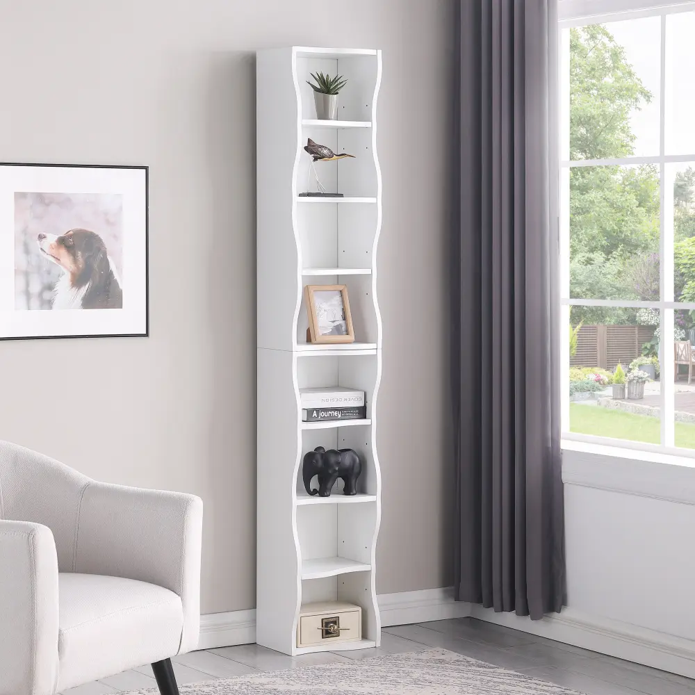 Littleox 8-layer adjustable shelf ultra-thin bookshelf with a wavy border design, which is more aesthetically pleasing, is suitable for high and narrow, display and multi-functional bookshelves in home offices