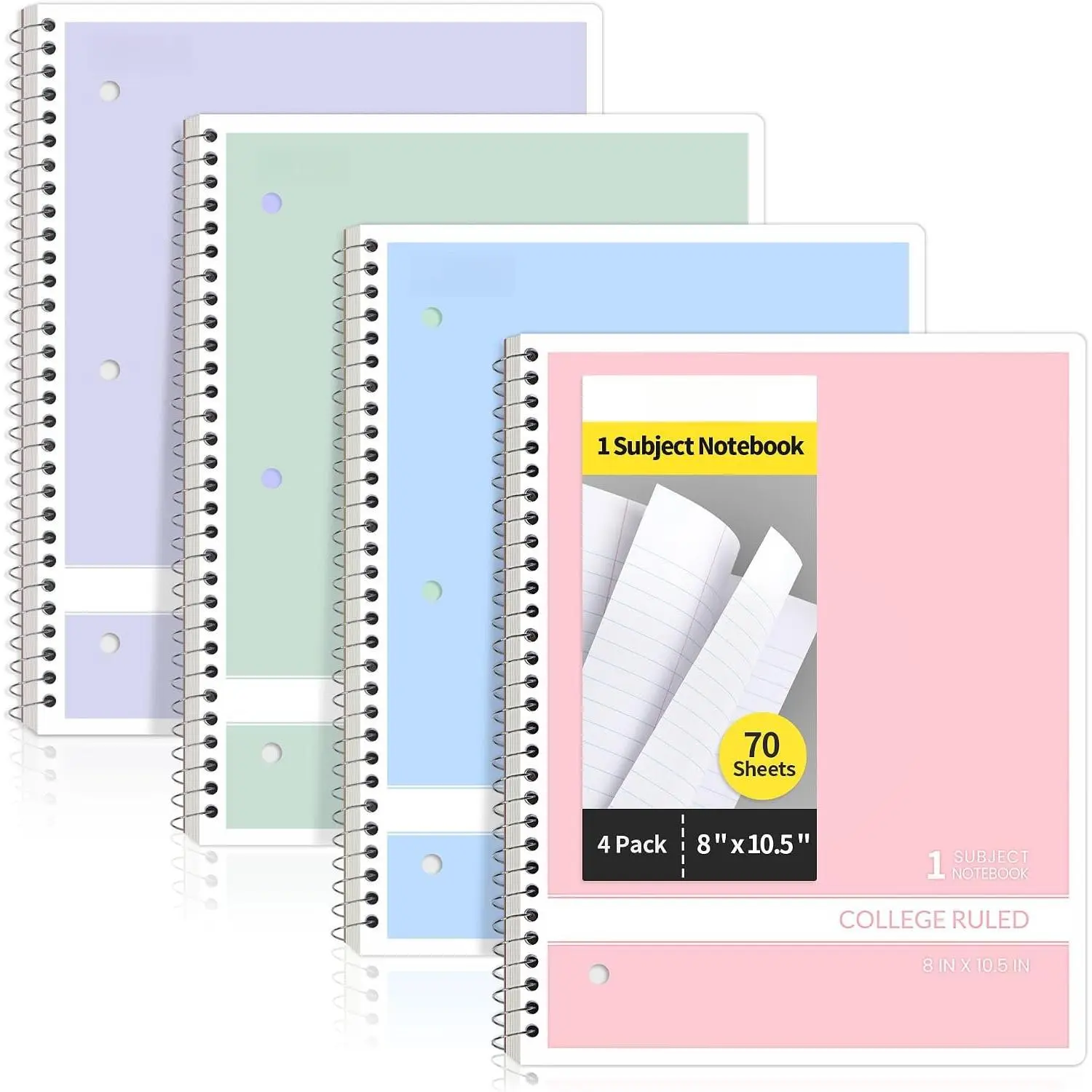 Spiral Notebooks College Ruled, 1-Subject, 4 Pack, 8 x 10-1/2 in, 70 Sheets, 3-Hole Punched 70gsm Paper, Pastel , , Blue, Green for School,  & Office, Writing Journal