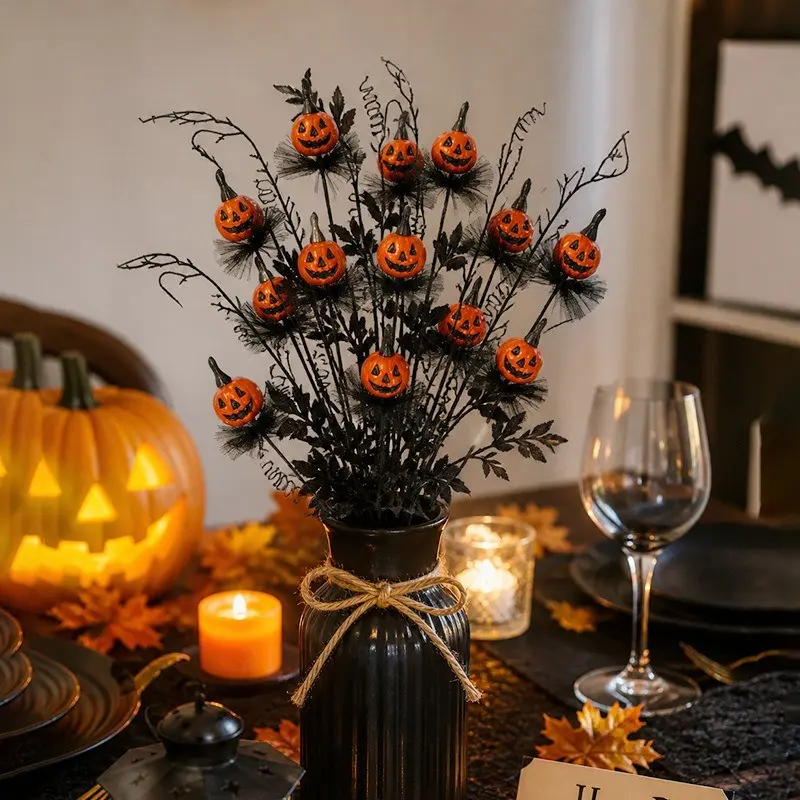 Halloween Pumpkin Branch Decor, Maple Leaf Fake Pumpkin Decoration, Gothic Style Desktop Floral Arrangement, Halloween Party Decor