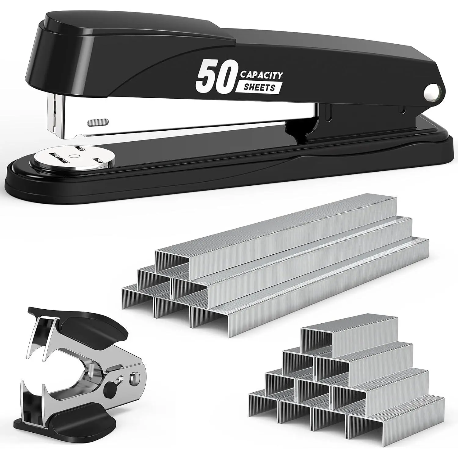 Metal Stapler Heavy Duty 50 Sheet Capacity with 1750  and Staple Remover, Full Strip Staplers for Desk, No Jam, Non-Slip for Office & Classroom, Black