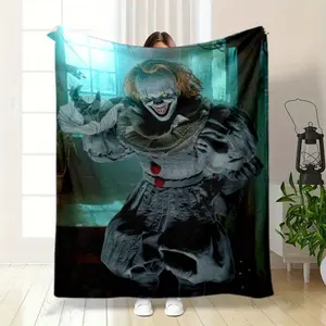 Pennywise Clown Blanket - Soft Flannel, Dark Blue with Red Accents, Perfect for Sofa, Bed, Travel, Camping & Office Decor, All-Season Comfort, Camping Accessory |   Fantasy Theme Blanket |   Plush Texture, Blankets for Bed
