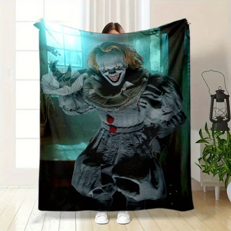 Pennywise Clown Fantasy Theme Blanket - Traditional Soft Flannel, Dark Blue with Red Accents, Wrinkle Resistant, Plush, Adult All-Season Comfort, Ideal for Sofa, Camping, Office Decor, Bedding Accessory