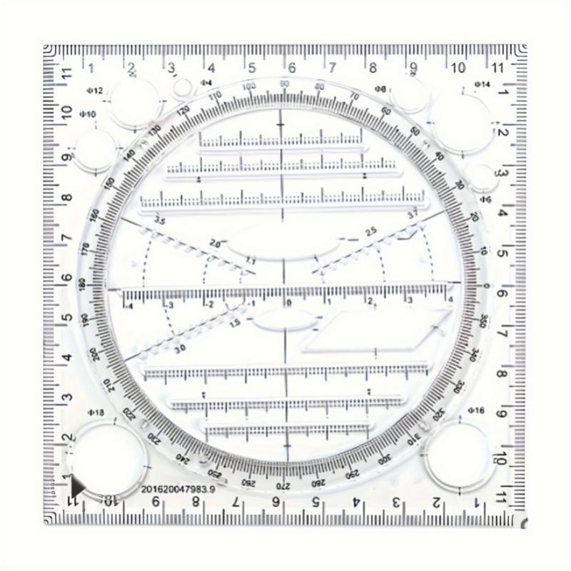 Multi-Function Acrylic Geometric Drawing Ruler - Quick Circle & Arc Design Template with Triangle, Function & Inch/Cm Scale for Drafting, Office & Student Use, Circle Drawing Tool