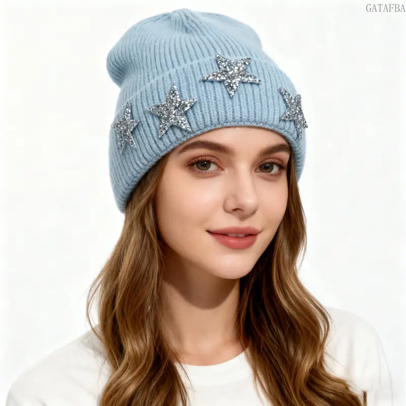 Korean Style Rhinestone Star Knitted Beanie for Women, Warm Elegant Pullover Hat for Autumn Winter Outdoor Daily Wearing