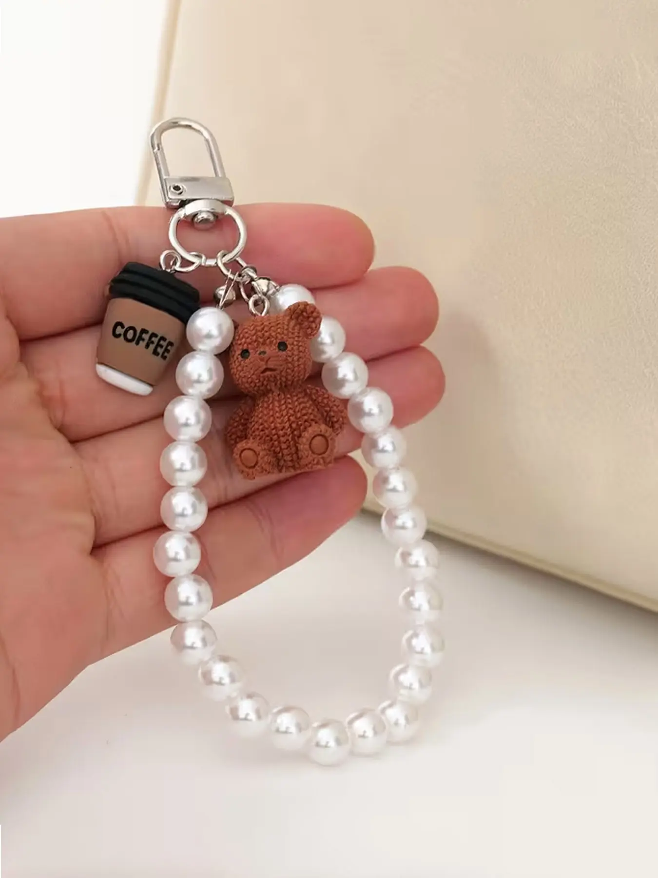 Cute Teddy Bear Coffee Keychain Brown Coffee Cup Pendant Imitation Pearl Chain Bag Pendant - Suitable For Coffee Enthusiasts, Daily Wear And Decoration With Keychains, Cute Style Keychains, School Gifts, Coffee Bear Pearl Bag Hanging Decorations.