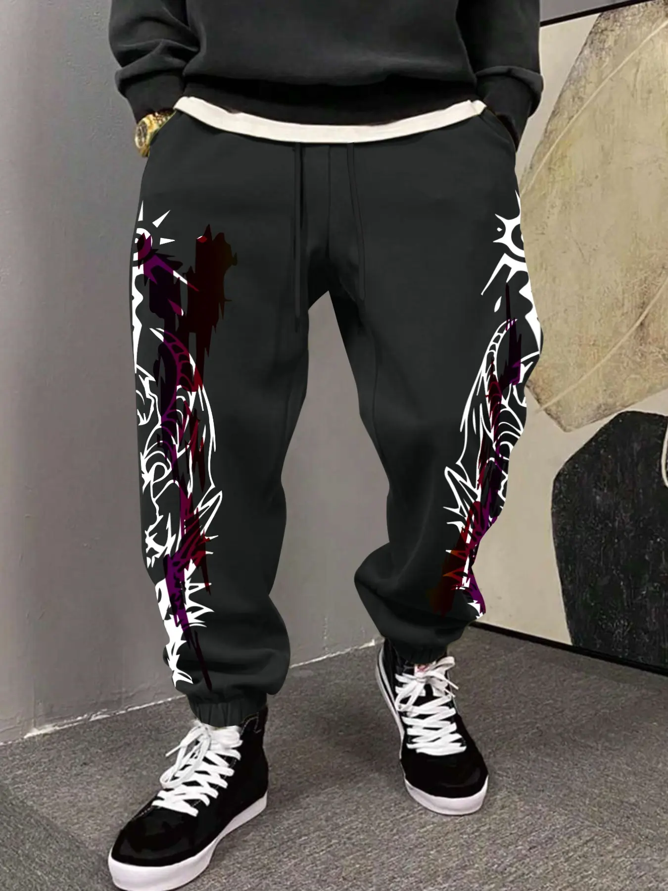 Plus Size Street Style Men's Jogger Pants, Streetwear, Dark Gradient Thorn Dragon Print, Drawstring Design, All Season Casual Long Pants