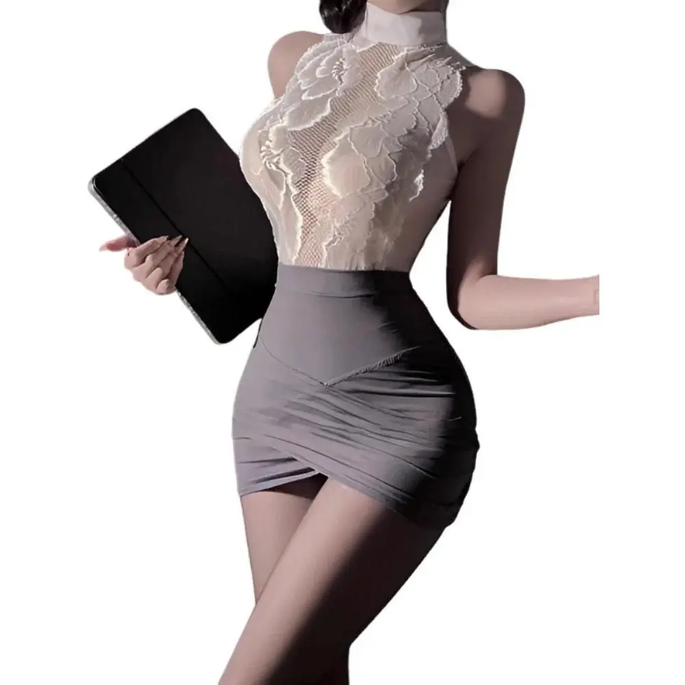 Ladies Sexy Lingerie Stewardess Outfit Secretary Lace Uniform Set Professional Role-Playing Butt-Covering Skirt Tempting Hollow