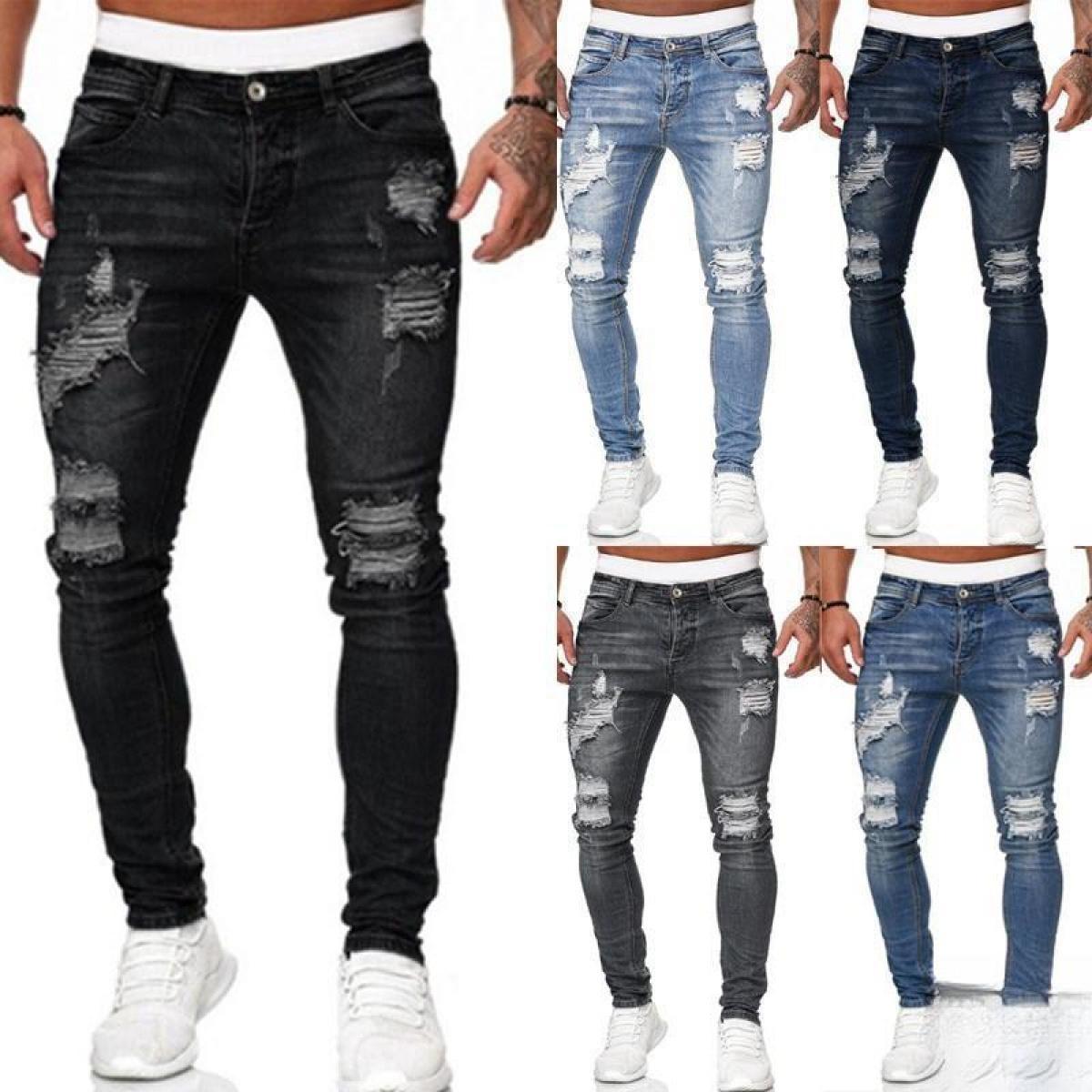 Men’S Casual Slim-Fit Denim For Streetwear Fans Suitable For Daily Wear And City Use Medium Elasticity Medium Weight Soft And Comfortable With A Distressed Look Men’S Solid-Color Multicolor High Street Low Rise jeans