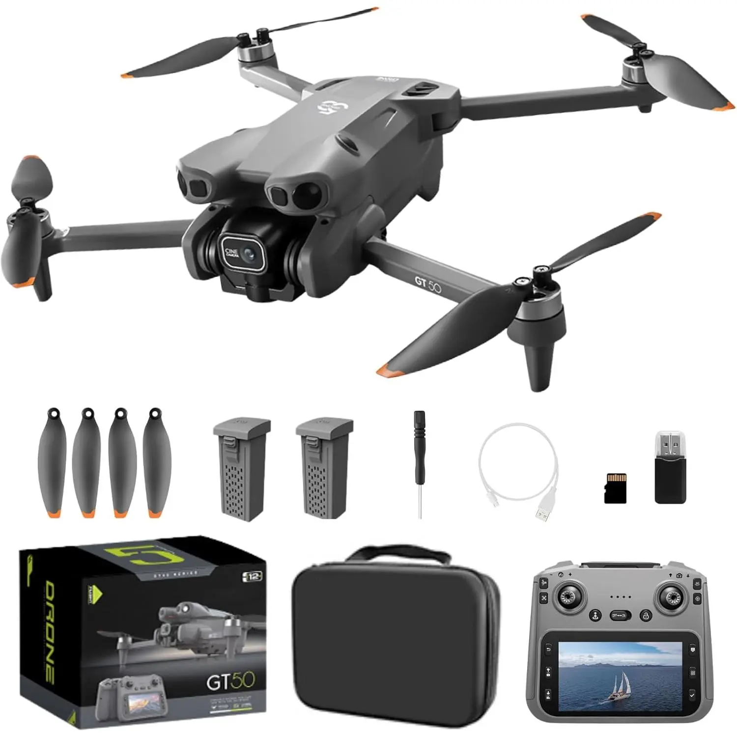 High-definition camera GT50 drone suitable for adults, foldable quadcopter with screen remote control, one-touch takeoff/landing, altitude hold, lightweight under 249 grams, a birthday gift drone for beginners, includes 2 batteries and a storage bag