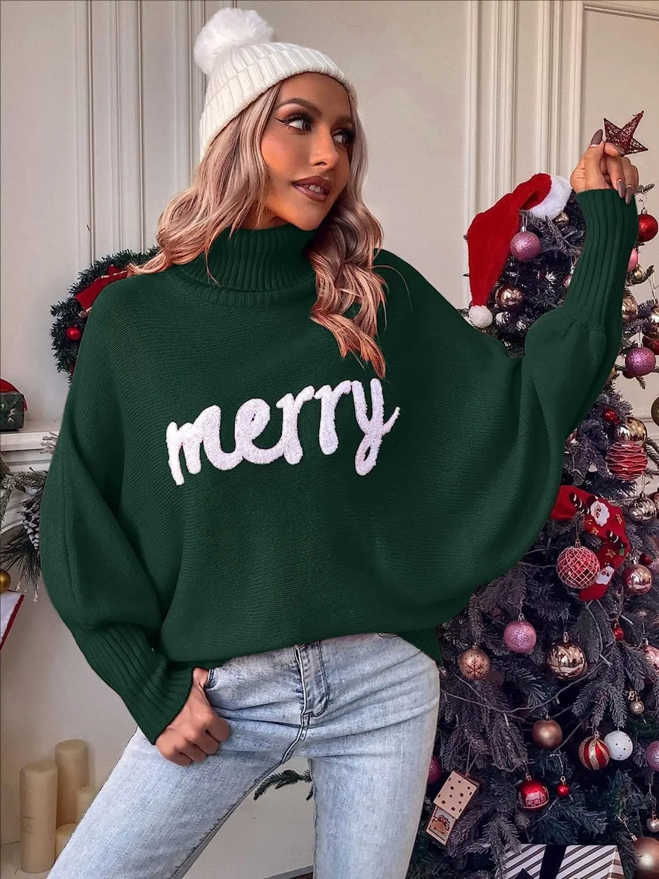 Christmas High Neck Sweater Pullover, Women's Turtle Neck Knit Top, Bat Sleeve Letter Print, Fall Winter Vintage Knitwear, Batwing Sleeve Knitwear