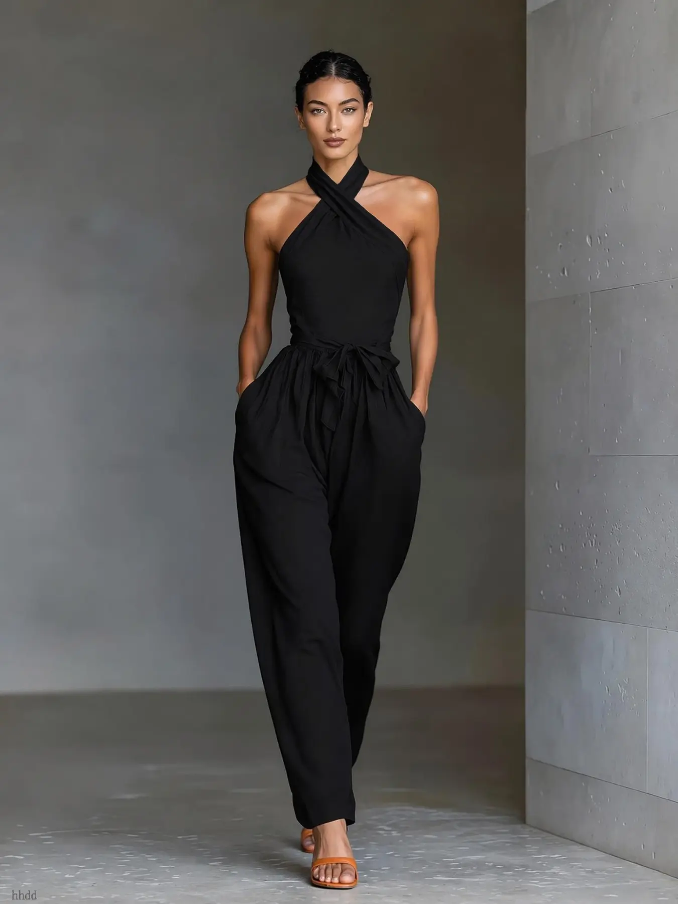 Women's Cross-Over Wrap Halter Jumpsuit, Detachable Straps, Wide Leg, Side Pockets, Breathable Summer Sleepwear, Casual & Vacation Wear