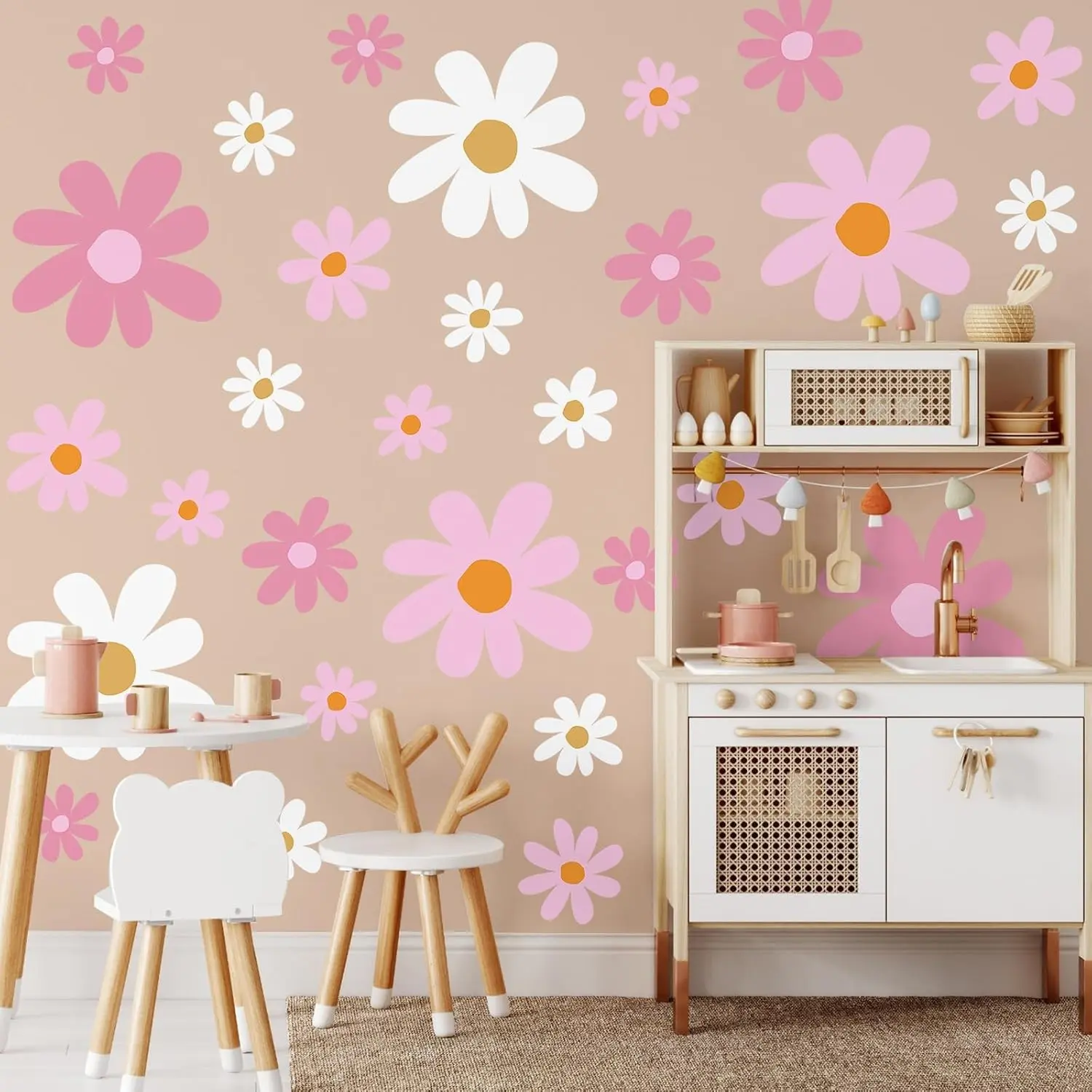 12 Sheet Daisy Wall Sticker Decal Removable Cute Daisy Bedroom Room Decor Flower Wall Sticker Pink White Flower Decal Wallpaper Peel and Stick for Nursery Home(Pink Color,Vibrant Style)