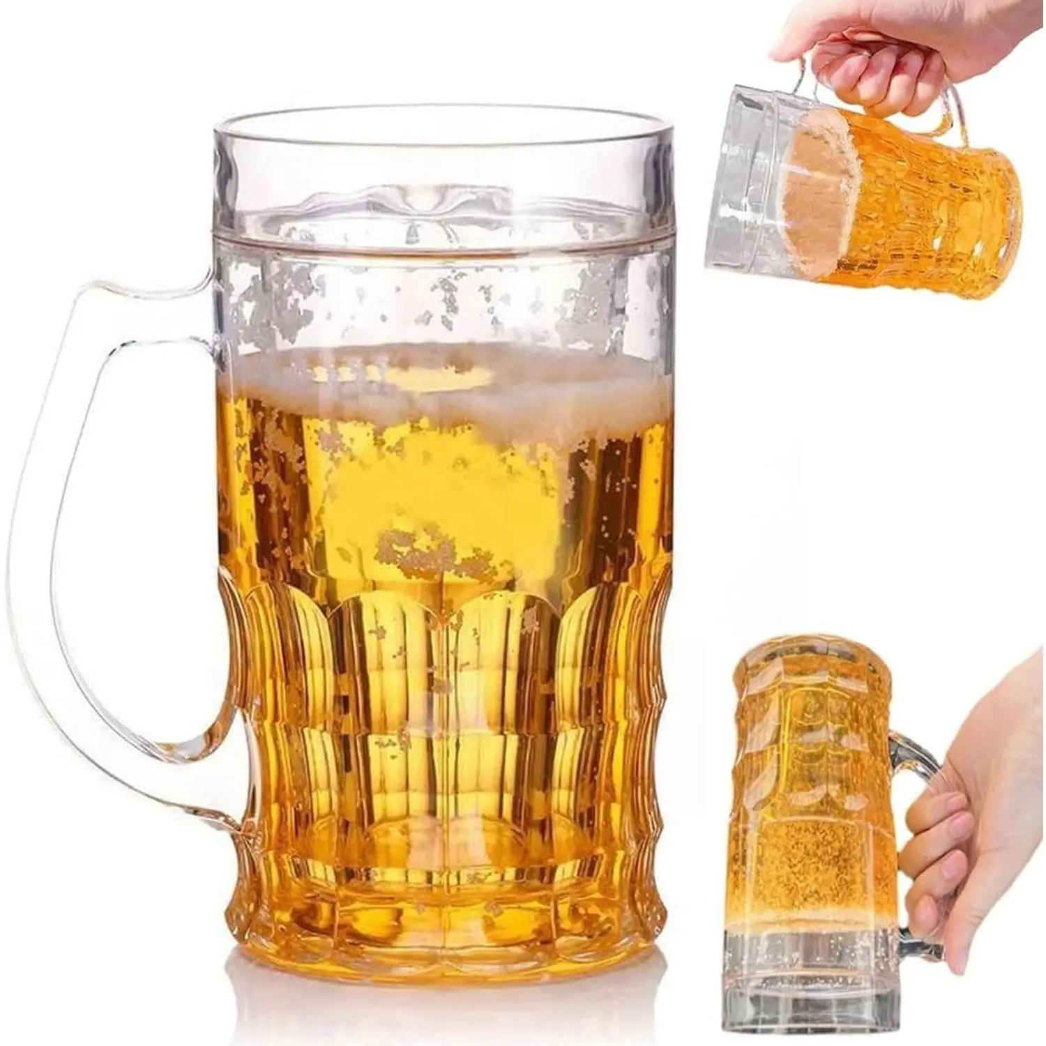 16 oz Fake Double Walled Beer Mug with Handle, Reusable Freezable Beer Drinking Glasses, BPA Free, Ideal for Freezer, Bar, Beverages & Alcohol