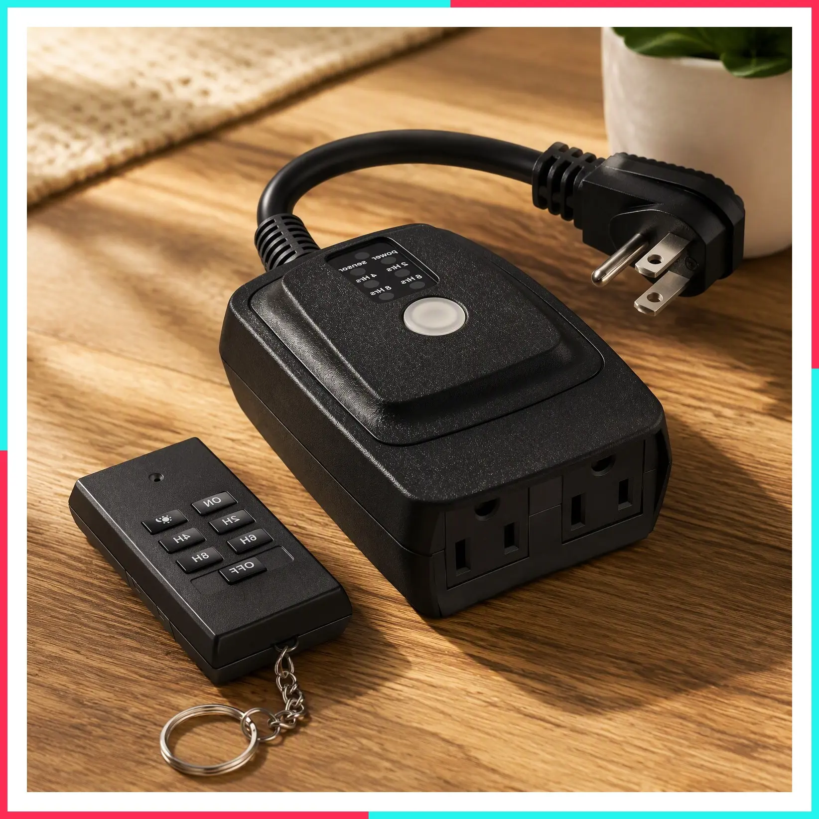 Outdoor Timer for Lights, 100FT Remote Control with 2 Outlets