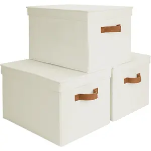 Storage Bins with Lids, Decorative Storage Boxes with Lid and PU Handles, Foldable Storage Baskets for Closet, Shelves, Stackable, Ivory, Jumbo, 3-Pack