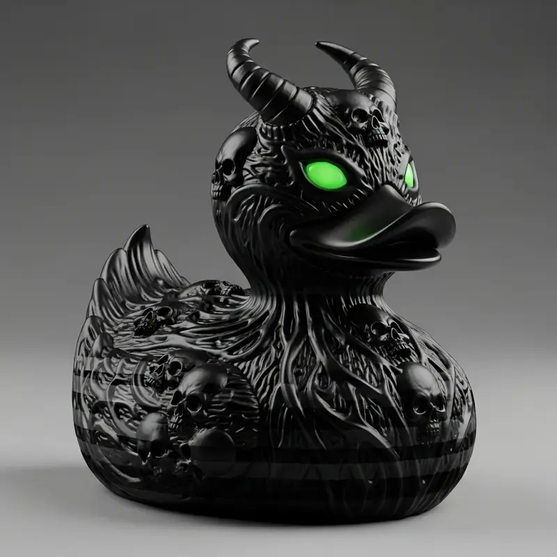 1 mini resin sculpture of a black demon duck  a Gothic-style duck skull with horns, green eyes; a terrifying yet cute Satan-themed rubber duck statue, ideal for Halloween decorations, as a desk ornament, or to decorate car dashboards, as well as as a pie