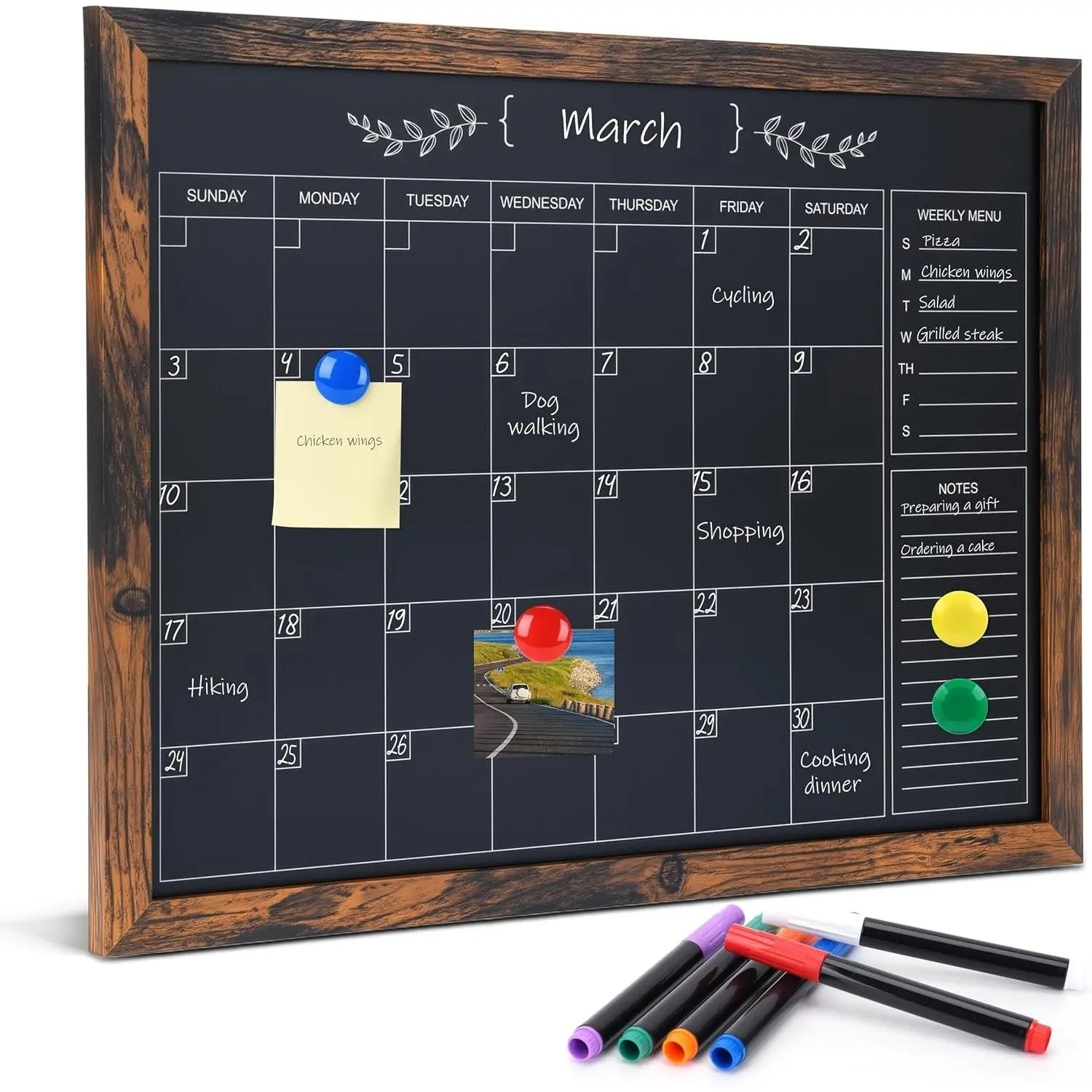 Chalkboard Calendar for Wall,13" x 17",Small Rustic Framed Magnetic Chalkboard for Home Kitchen Office School