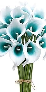 Mini Artificial Calla Lily 10 Stem Bridal Bouquets Artificial Latex Real Touch Flowers for Home Party Decor (Teal Blue White)