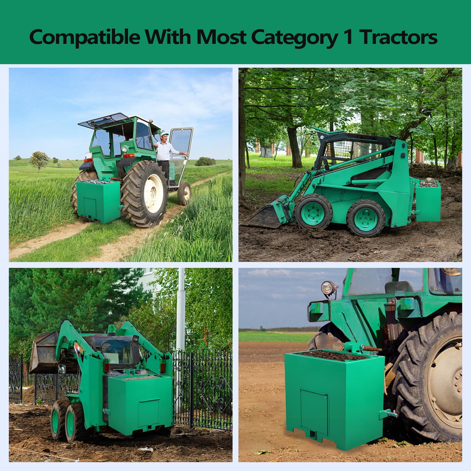 GARVEE 3 Point Ballast Box with 2" Hitch Receiver, designed for Category 1 tractors, offers 800 lbs of ballast. Available in Green and Red, this quick hitch loader attachment enhances stability and performance.