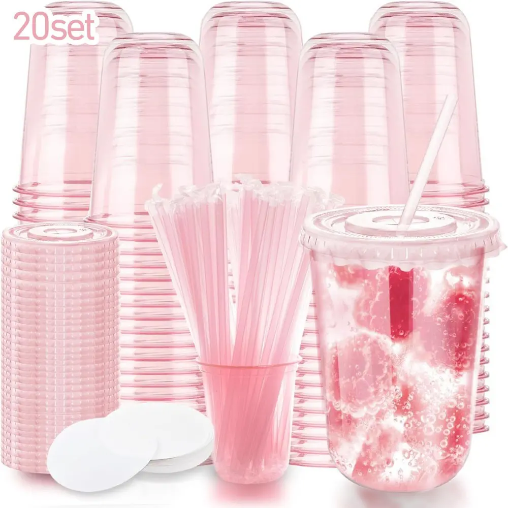 16oz Disposable U-Shaped Plastic Cup with Lid and Straw, Pet Material, 20 Set, Transparent Wine Glass for Parties, Weddings, Christmas, Party Cups