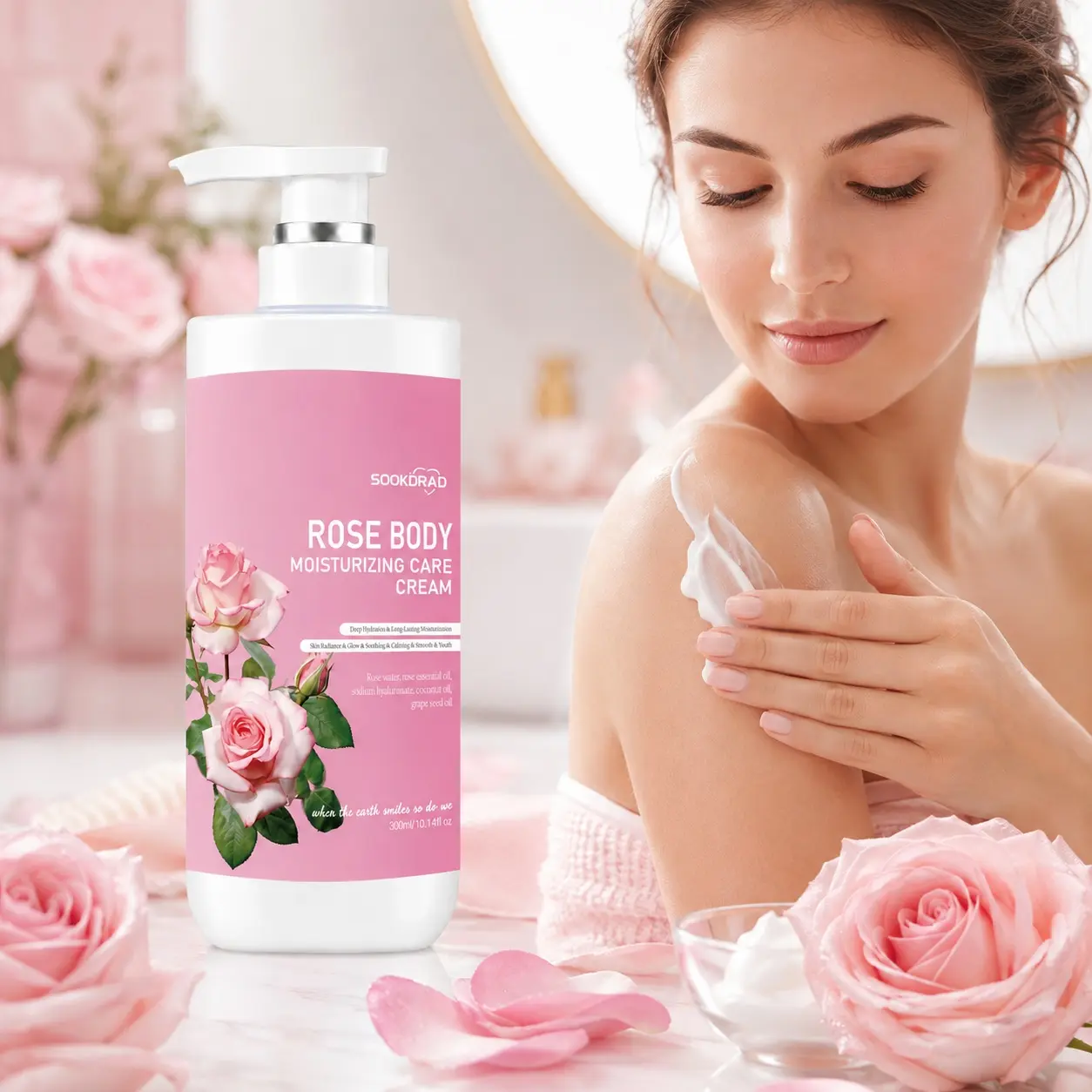 Rose Body Moisturizing Care Cream, rose water, rose essential oil, sodium hyaluronate, coconut oil, grape seed oil, deep hydration, long-lasting moisturization, skin radiance, glow, soothing, calming,