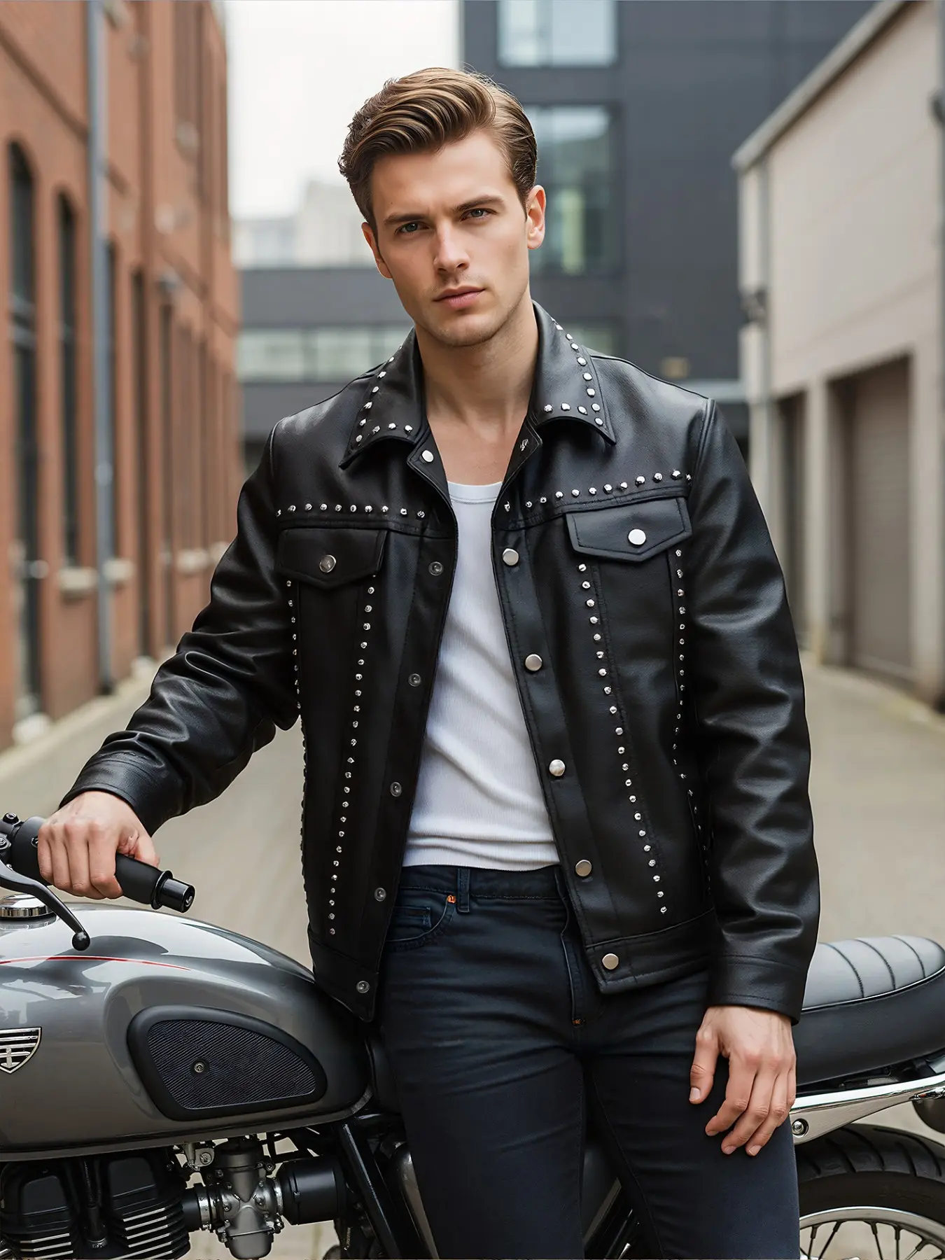 Men's PU Thin Jacket, Rivet Decoration, Punk Style, Lightweight Seasonal Jacket, Casual Daily Wear, Music Festival Party, Loose Fit