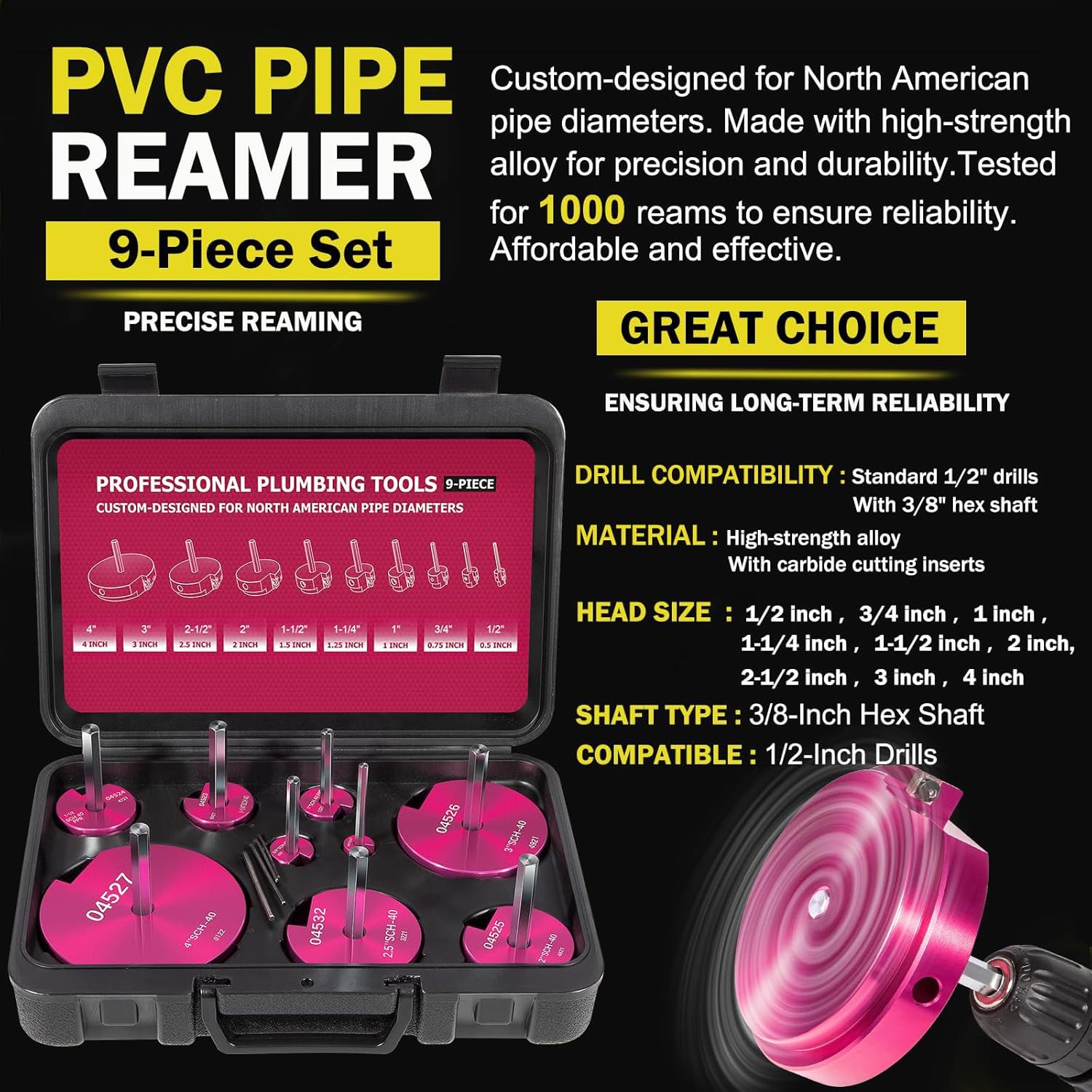 9- PVC Pipe Reamer Kit, Includes Sizes 1/2", 3/4", 1", 1-1/4", 1-1/2", 2", 2-1/2", 3", 4", For Standard 1/2" Drills, Ideal for PVC, CPVC, ABS Pipes,  for Plumbing Repairs