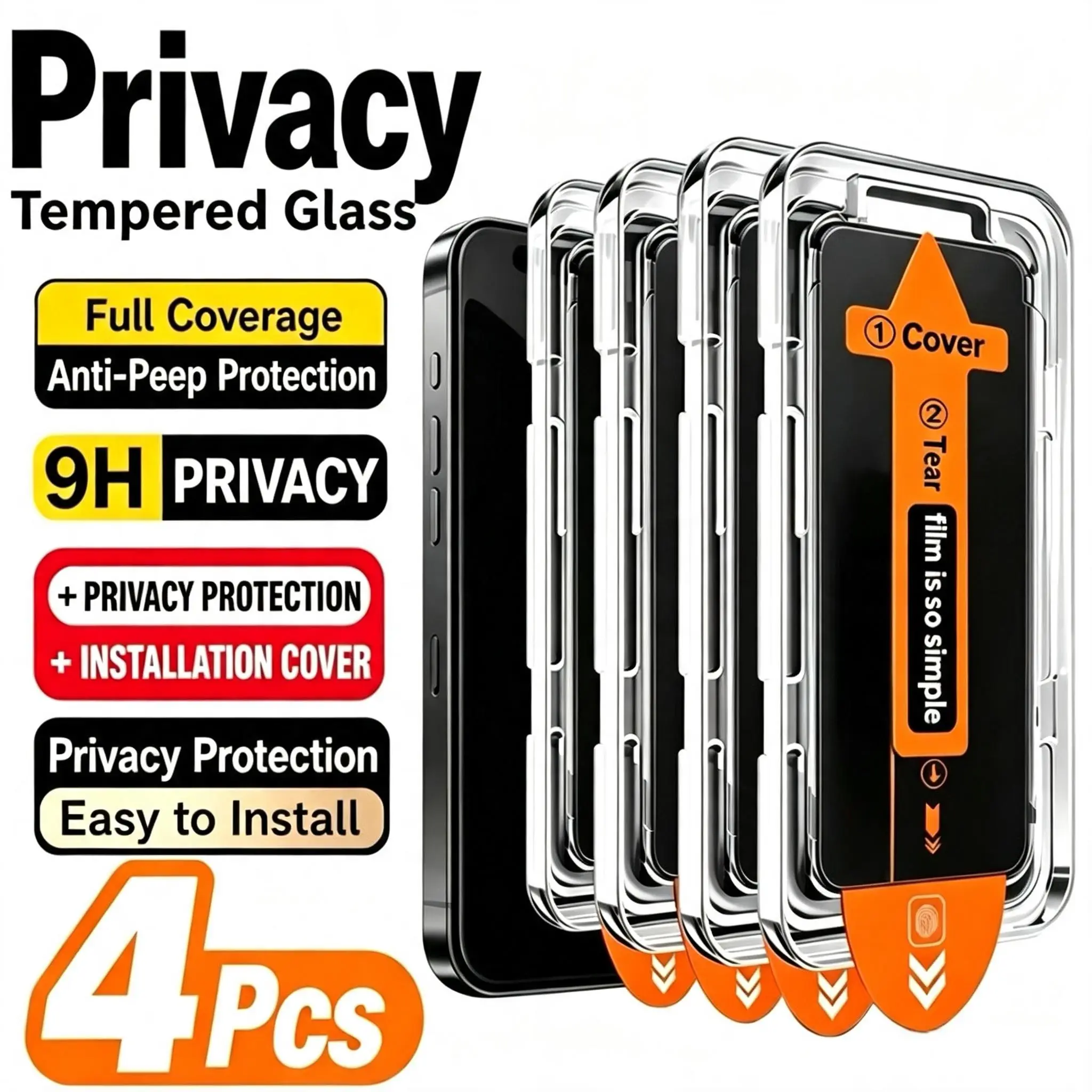 4pcs Privacy Tempered Glass Screen Protectors with Installation Kit Auto-Alignment Kit, Suitable for iPhone 17 Pro Max/16 Plus/15/14/13/12/11/Xs Max Series, Fingerprint Resistant, One-Click Dust-Free Installation, Suitable for Daily Protection