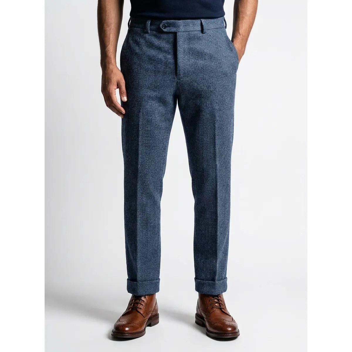 Men's Herringbone Tweed Pleated Straight-Leg Pants with Turn-Up Cuffs, Retro Style for Wedding Groomsmen Party, Premium Fabric