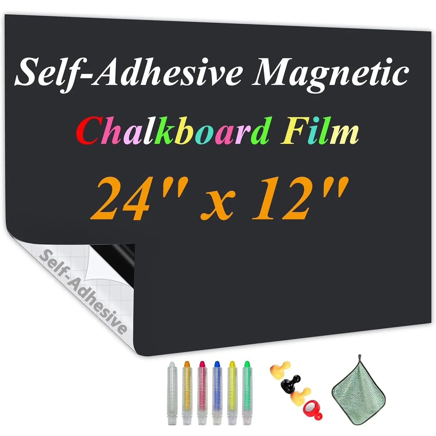 Self-Adhesive Magnetic Chalkboard Wall Sticker, 24" x 12" | Peel and Stick Magnetic Blackboard Wall Decal, No Ghosting, Includes Chalk, Eraser & Magnets for Home, Office & Classroom