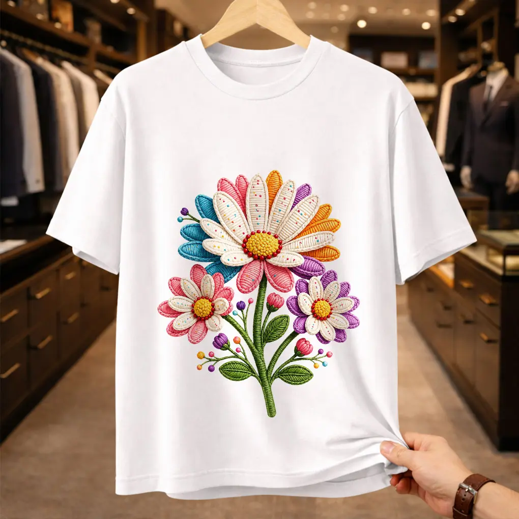 Women's Embroidered T-Shirt with Colorful Rainbow Daisies, Casual Oversized Vintage Fit in Lightweight Cotton, Short Sleeve, Shortsleeve, Embroidery, Breathable, Fabric, Soft, Daisy, Tops, Farmers Market, Flowers, Denim, Minimalist, 2Xl, 3Xl