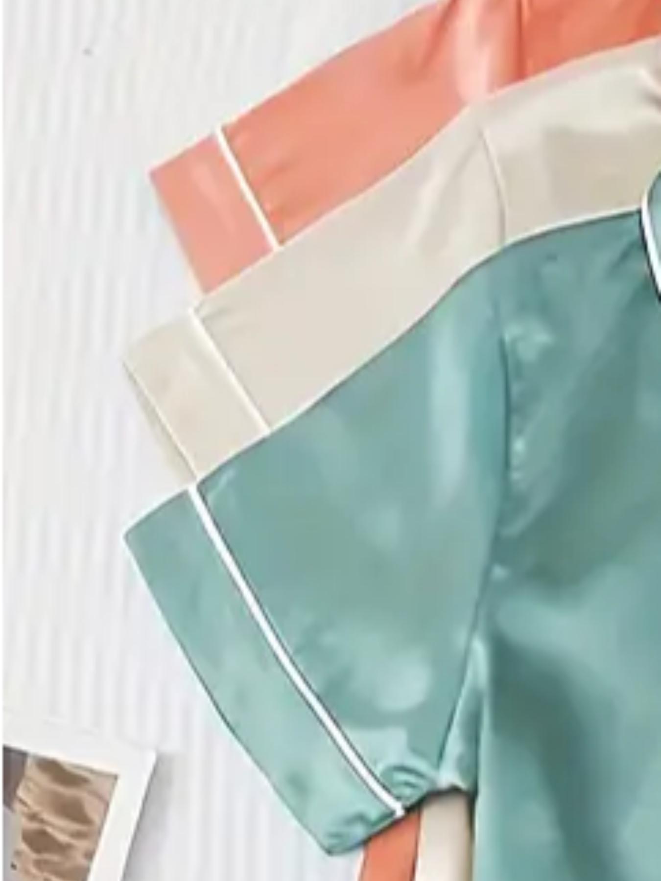 Women's Solid Contrast Binding Bow Decor Pajama Set, Short Sleeve Button Front Lapel Shirt & Shorts Pj Set, Ladies Summer Sleepwear & Loungewear