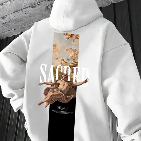 Men's Stone Statue Print Hoodie, Casual Streetwear Sweatshirt, Fashion Casual Loose Graphic Hooded Sweatshirt for Daily Outdoor Wear, Men Fall & Winter Clothes