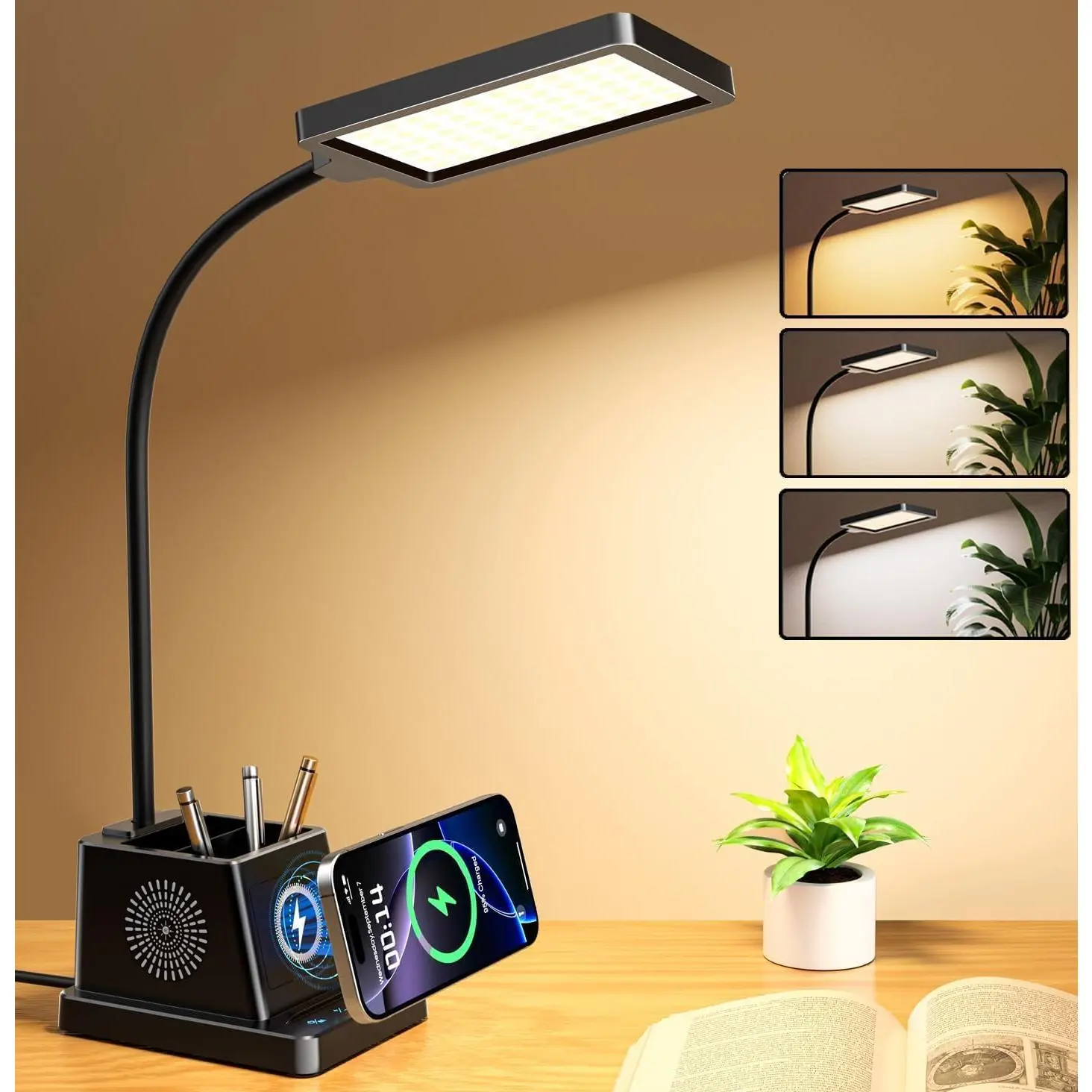 15W Smart LED Desk Lamp - LED Table Light, Indoor Wireless Lamp with Wireless Charging, Touch Control, Pen Holder, Gooseneck, Adjustable Lighting - Home Office Work Light for Bedroom Home Improvement Accessory
