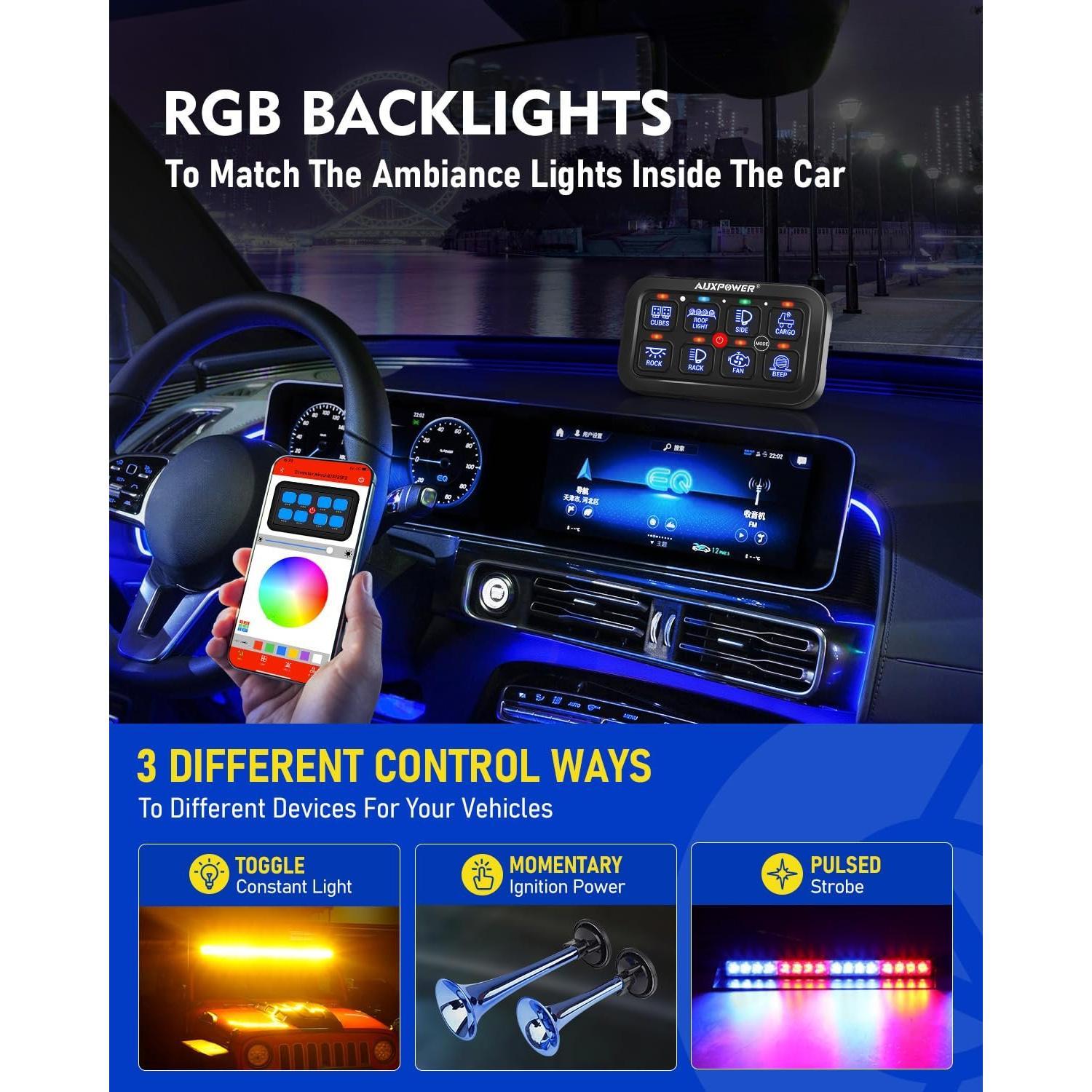 RGB 8 Gang  Panel with App Control Turn /Off Momentary Pulsed Multifunction 12V  Panel for  Circuit Control Relay System  Panel  for  Boat  RV