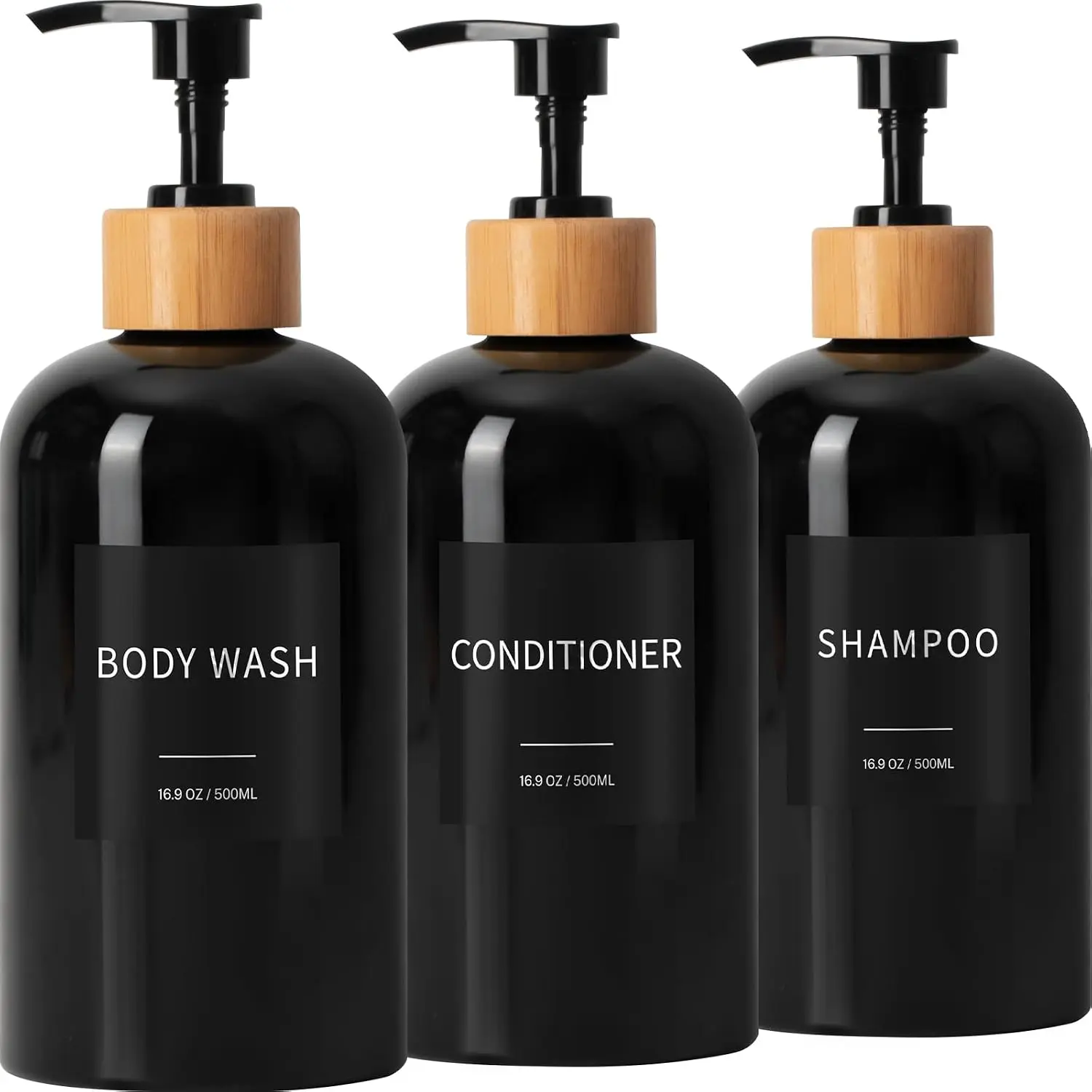 Shampoo and Conditioner Dispenser, Refillable Plastic Shampoo Pump Bottles with  Labels, Empty  Wash Dispenser Set for Bathroom Shower, Black, Set of 3, 16.9oz