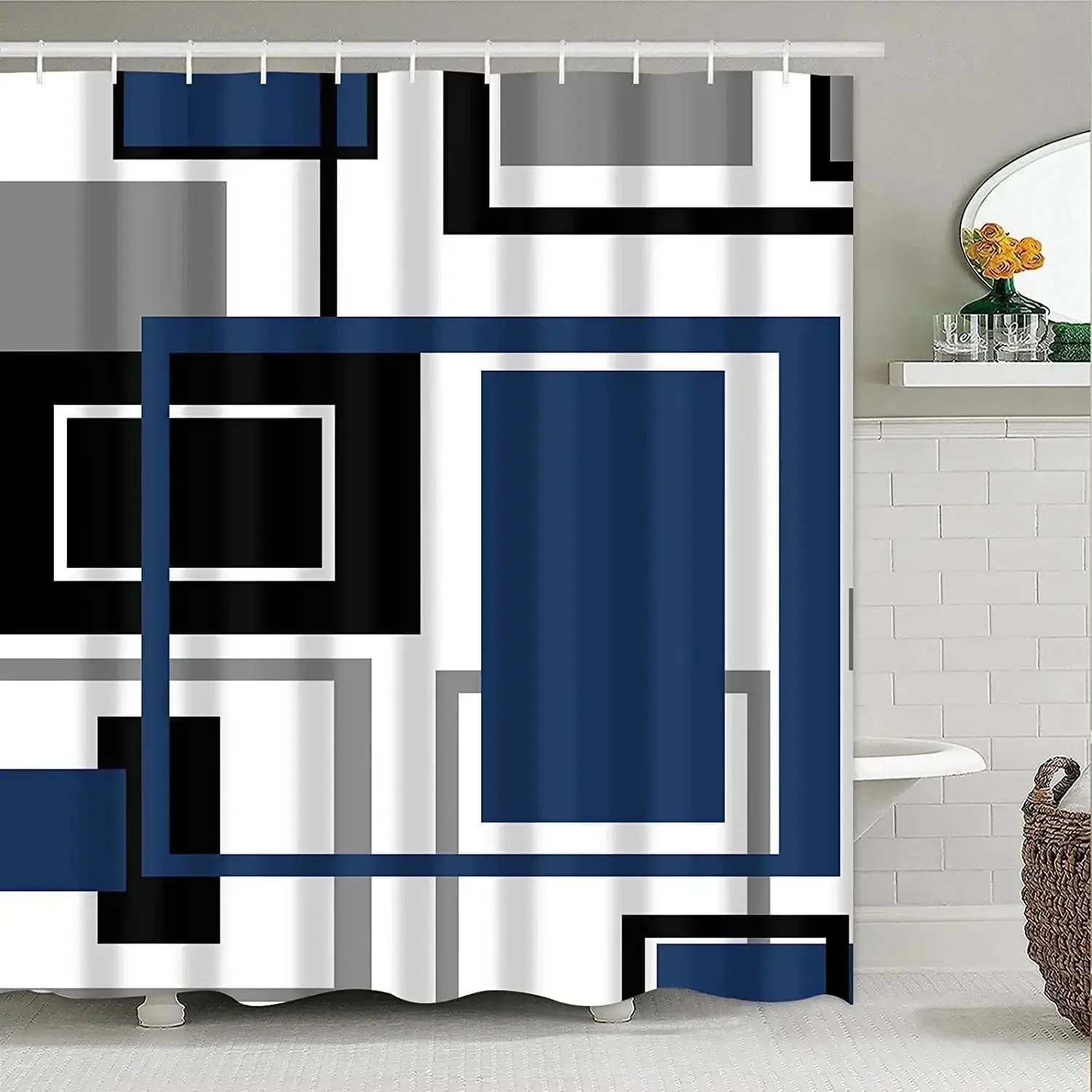 Modern Geometric Print Polyester Waterproof Shower Curtain Set, 13 different sets Bathroom Accessory Set with Easy Installation for Home Bathroom Use, Shower Curtains with hooks
