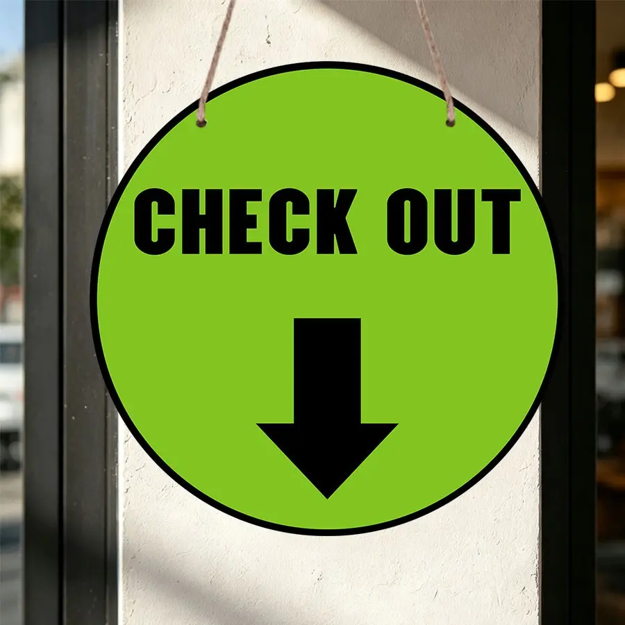 1pc Check Out Guidance Round Aluminum Sign, Green Down Arrow Commercial Sign, Suitable for Supermarket Cashier Restaurant Cafe Checkout Retail Store Commercial Checkout Checkout Area Guidance Sign, Wall Decor, Easy to Hang
