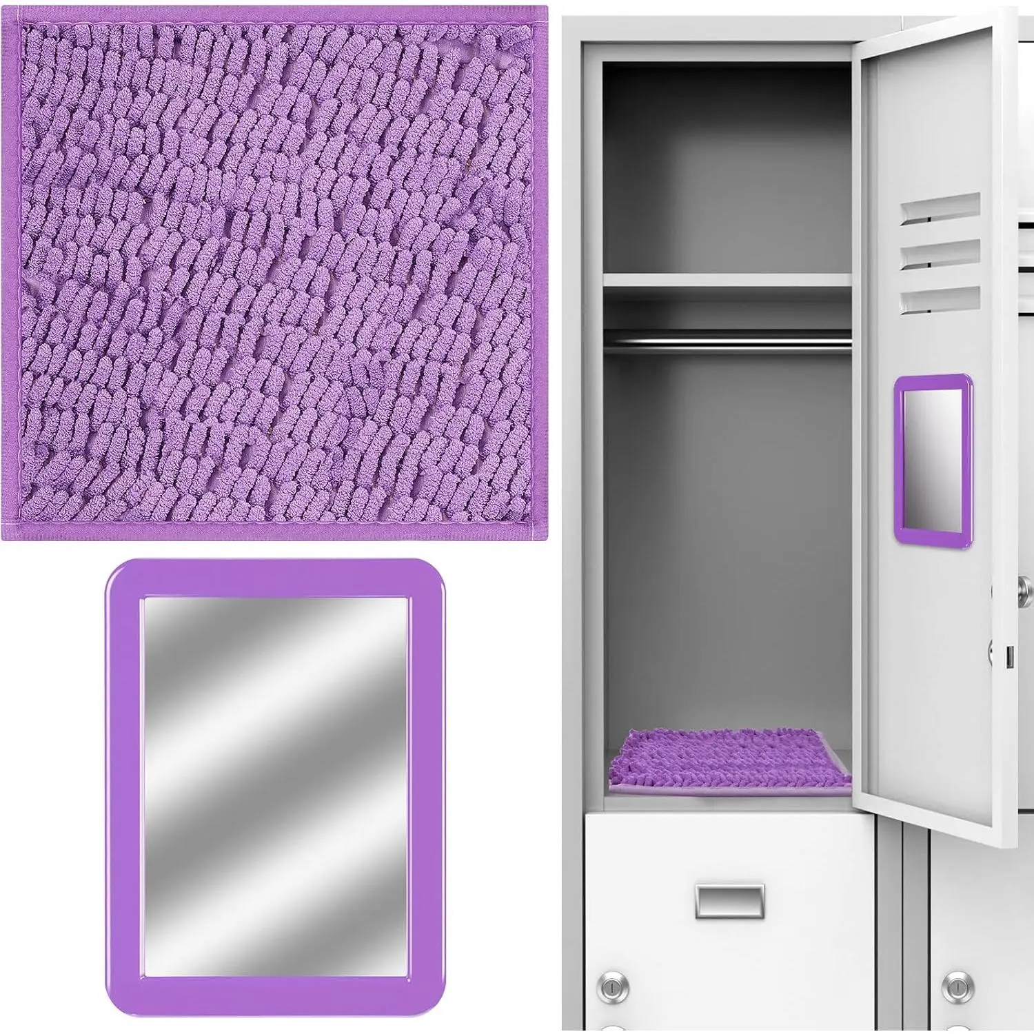 Metal Durable 2-Piece Locker Accessories Set - 10-Inch Square Rug, Mirror for School Students' Locker, Bedroom, Dormitory (Home Decor, Refrigerator Magnets Compatible), Locker Decor
