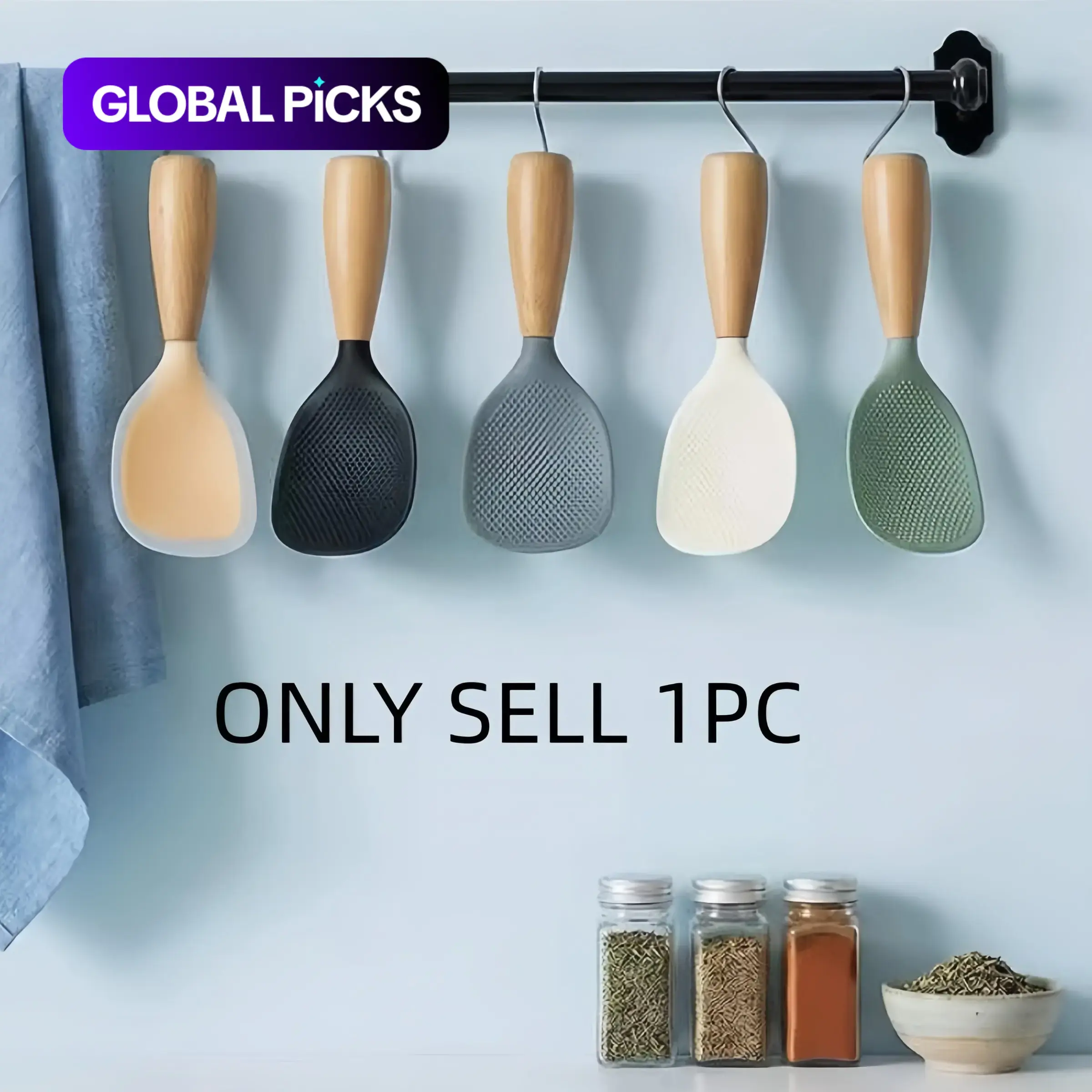 High-Temperature Silicone Rice Scoop, Pear Wood Handle, Non-Damaging to Electric Kettles, Anti-Adhesive, Hanging Design, Multicolor Options