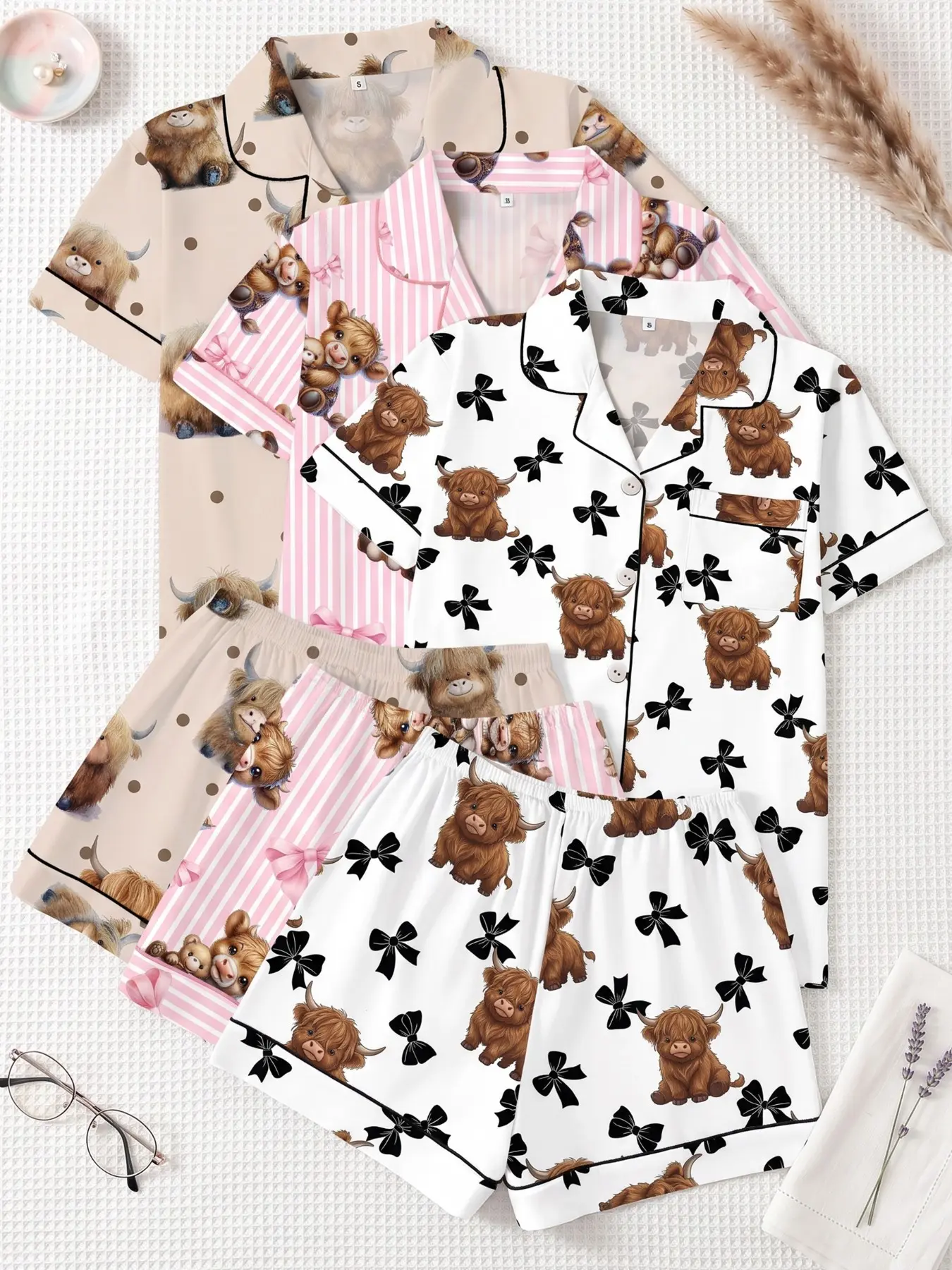 Women's 3-Piece Sleepwear Set, Short Sleeve Tops & Shorts, Casual Fitted Design, All-Season Wear, Cute Highland Cow Print, Pajamas
