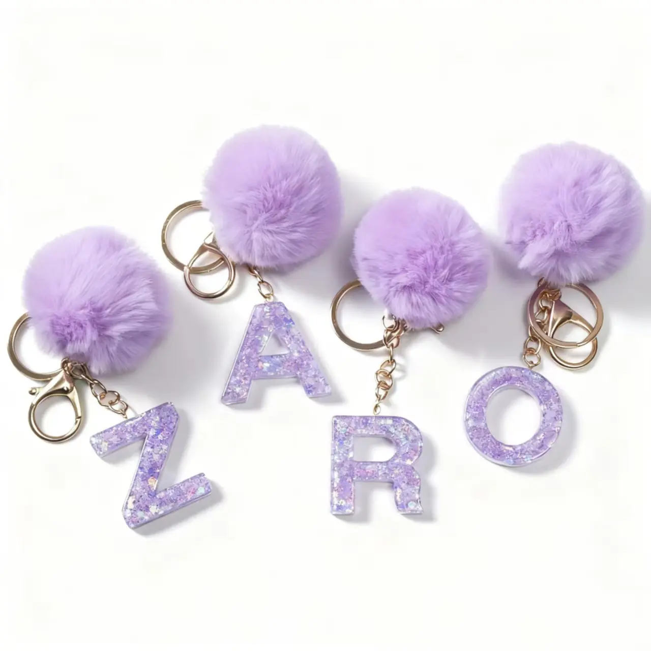 Cute Luxury Personalized Lavender Glitter Initial Keychain - Polyester-Nylon Purple Faux Fur Pompom, Aesthetic Resin Alphabet Charm for Friends’ School Bags & Backpack Straps, Chunky, Bag Decor, Daily