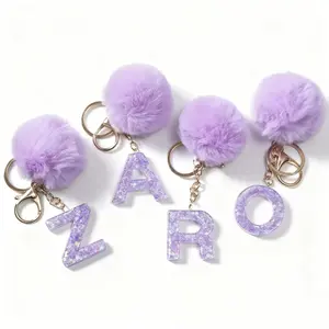 Glitter Initial Keychain with Purple Fluffy Pompom Aesthetic Resin Alphabet Keyring Personalized Backpack Charm Cute Lavender Bag Accessory Gift