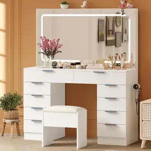 Modern Makeup Vanity Desk with Mirror & Stool, 10 Drawers Storage, 3-Color LED Touch Lighting, Built-in Power Outlets & USB Ports, Solid Wood Frame, Large Dressing Table for Bedroom, White/Black