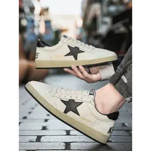 Men's Vintage Star Pattern Leather Athletic Sneakers, Breathable Mesh Design, Retro Board Shoes, Sports Shoes, Summer Footwear, Trendy Dirty Look Style, Casual