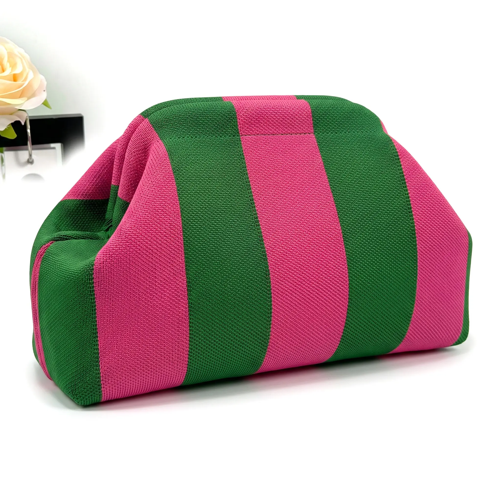 Woven Striped Clutch Bag Stylish Versatile Cosmetic Pouch Large Capacity Everyday Carry Cross Body Shoulder Bag For Women Trendy Color Block Patchwork Design