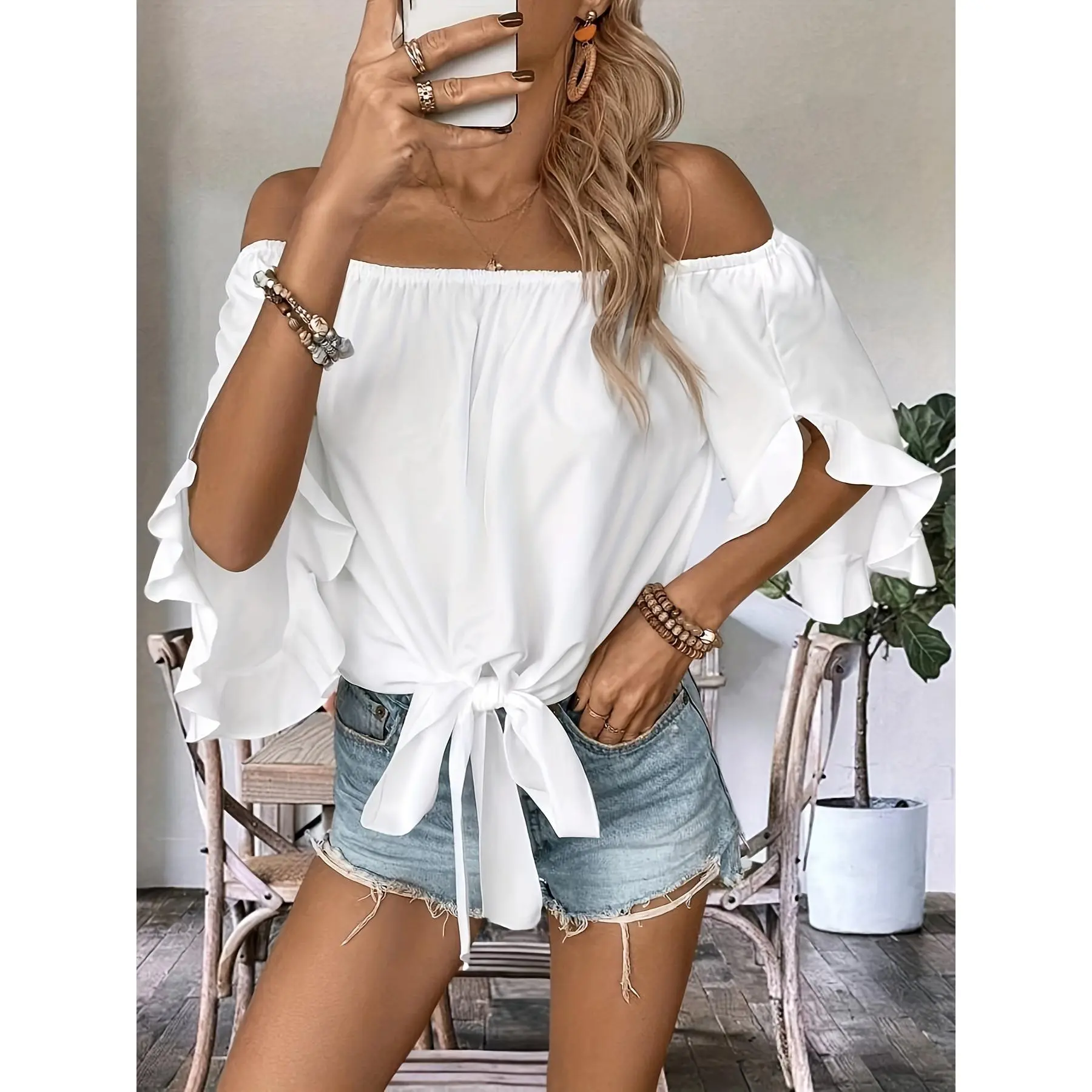 Women's Solid Ruffle Blouse - Elegant Off-the-Shoulder Neckline, Flared Short Sleeves, Tie-Up Hem - Polyester-Woven Elastane Fabric Women's Clothes for Date Night, Top, Off Shoulder, Shirts, Dry Clean, Flare Ruffles, Machine Wash, No