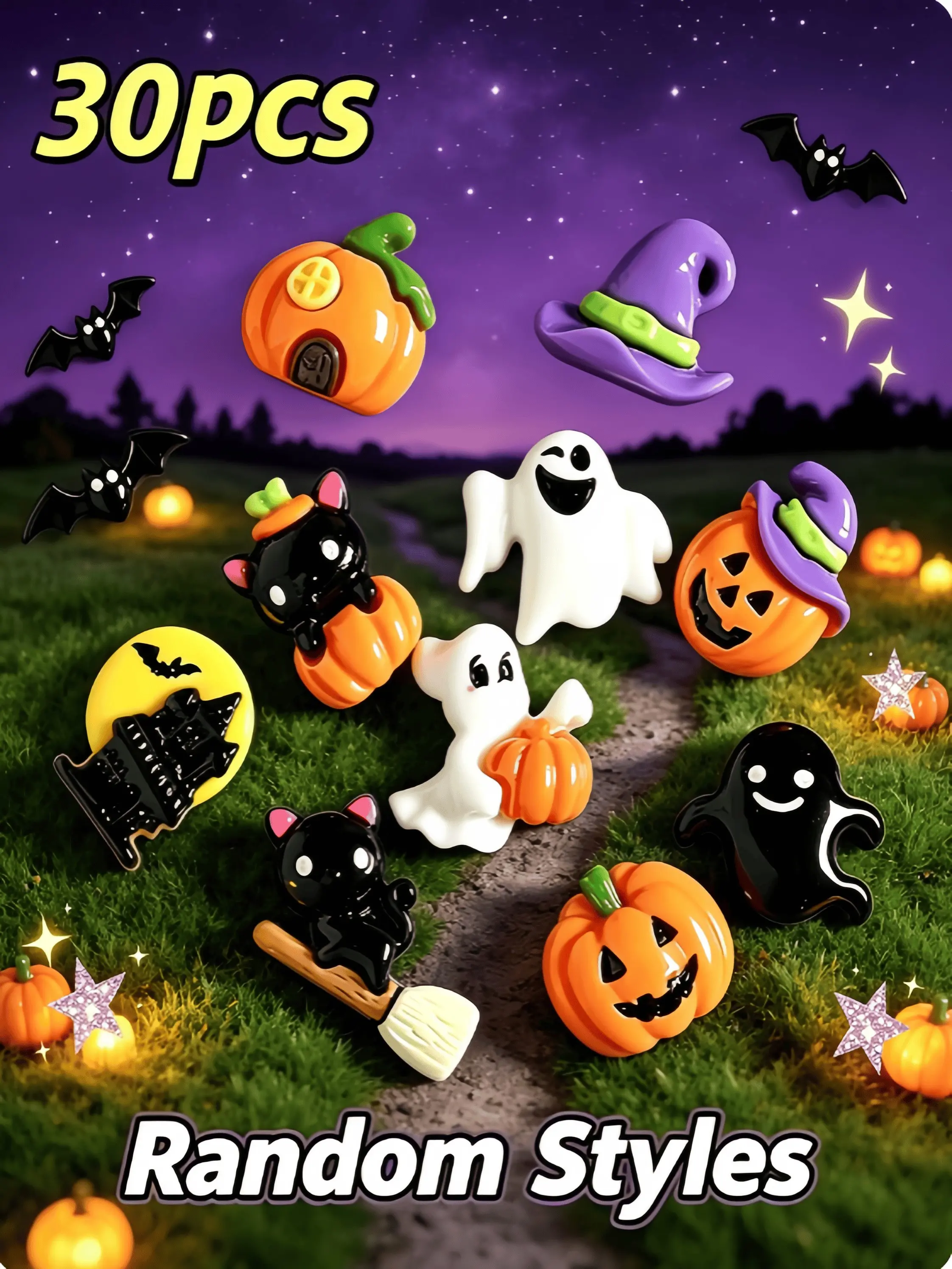 30pcs Halloween Resin Stickers, Ghost Pumpkin Cat 3D Accessories, DIY Cream Glue Decorations, Phone Case Decoration Materials